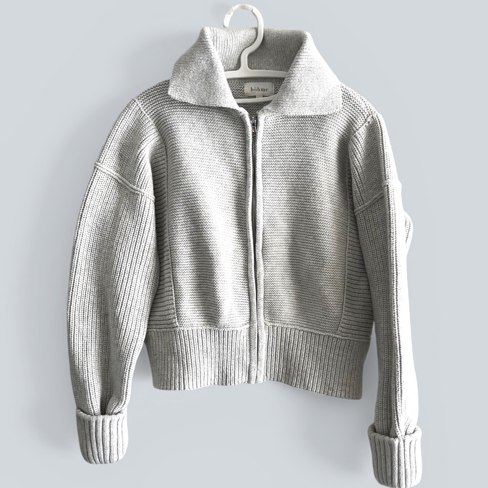 Bohme Pale Gray Zip Front Cotton Wool Blend Cropped Sweater Jacket Size XS